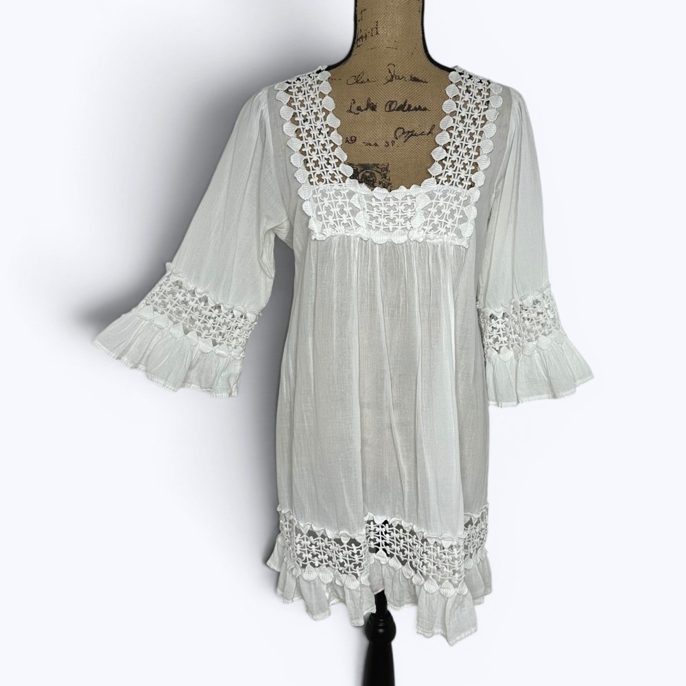 Cute Options White Crochet Mini Dress Cotton Gauze Boho Bridal‎ Cottage Beach M